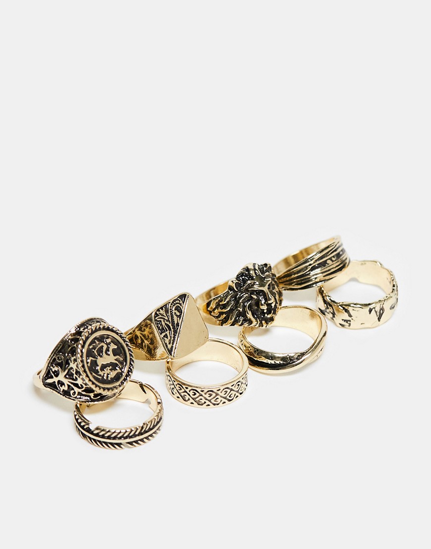 ASOS DESIGN 8 pack signet and band ring set in burnished gold tone-Silver