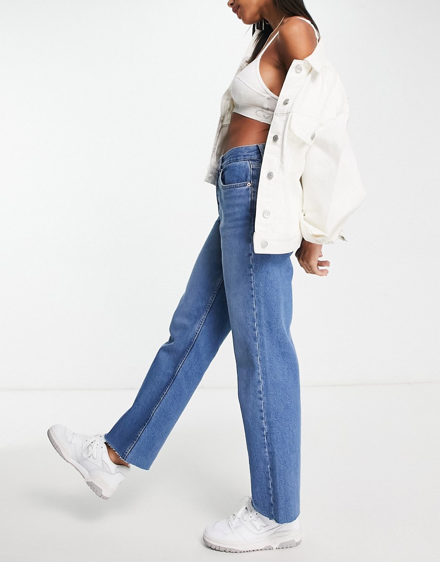 ASOS DESIGN 90’s straight jean with raw hem in mid blue