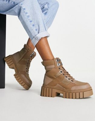 Abstract chunky lace up hiker boots in beige