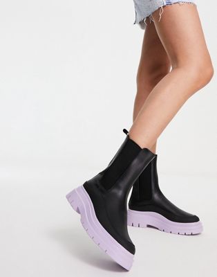 Antidote chunky chelsea boots in black with lilac sole