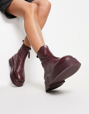Atlantis leather zip front boots in burgundy leather
