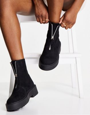 Ava leather front zip boots in black suede