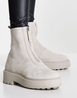 Ava leather front zip boots in taupe suede