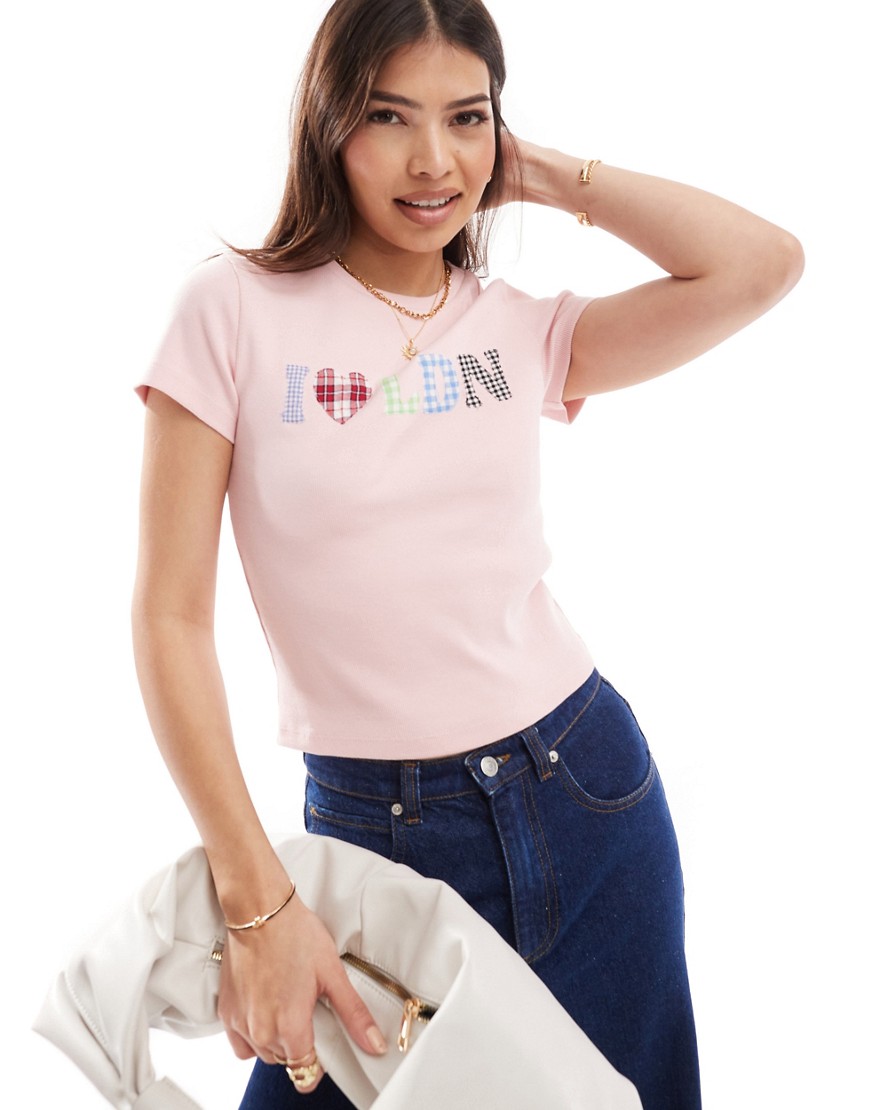 ASOS DESIGN baby tee with applique i heart london graphic in pink
