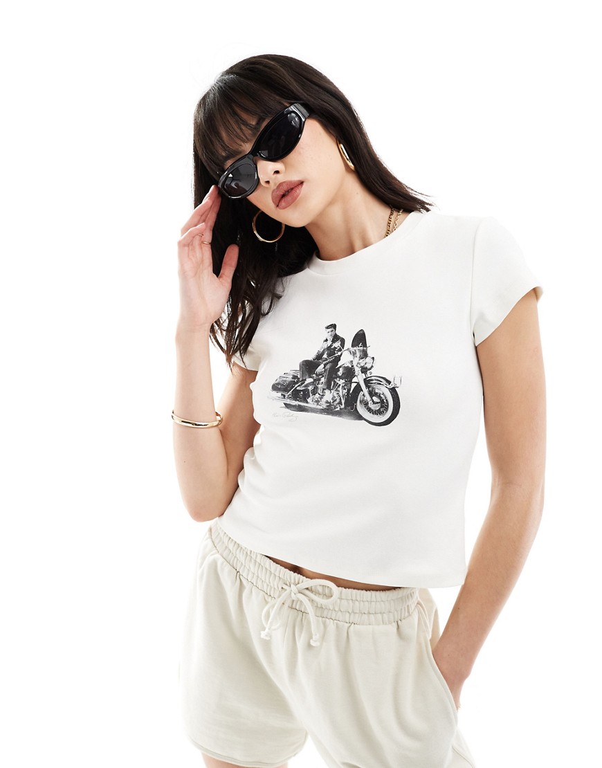 ASOS DESIGN baby tee with elvis presley licence graphic in cream-White