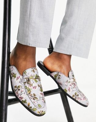 backless mule loafers in grey floral print