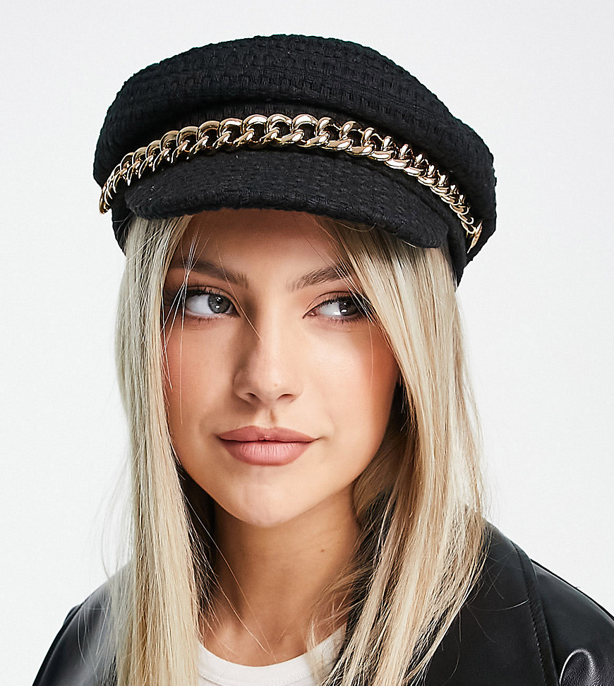 ASOS DESIGN baker boy hat in textured houndstooth with chain detail in black