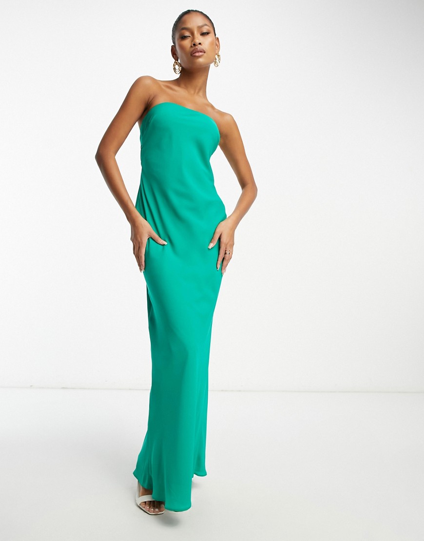 ASOS DESIGN bandeau bias maxi dress with cowl back and tie detail in bright green