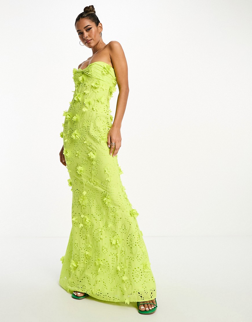 ASOS DESIGN bandeau broderie maxi dress with floral corsage detail in lime green-Yellow