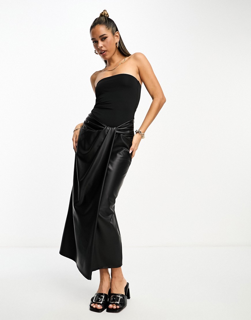 ASOS DESIGN bandeau midi dress with pu skirt and twist detail in black