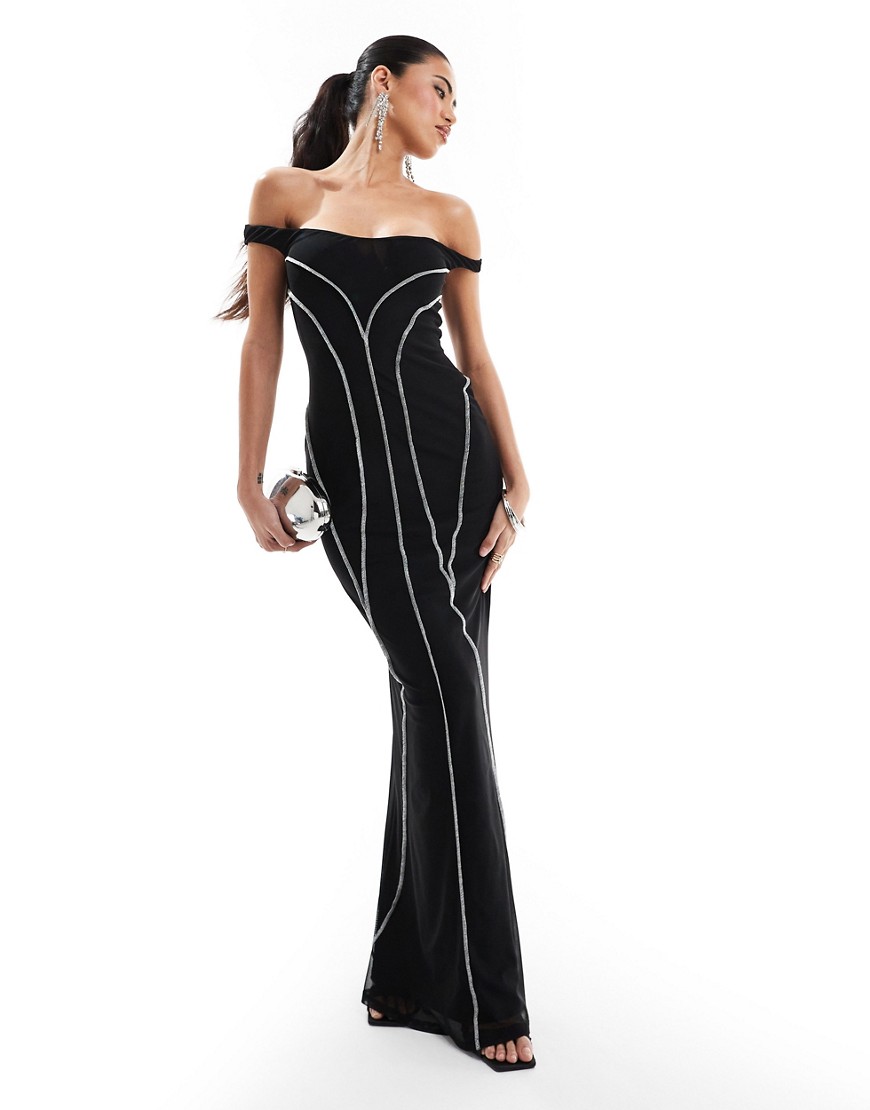 ASOS DESIGN bardot maxi dress with contrast exposed seams in black