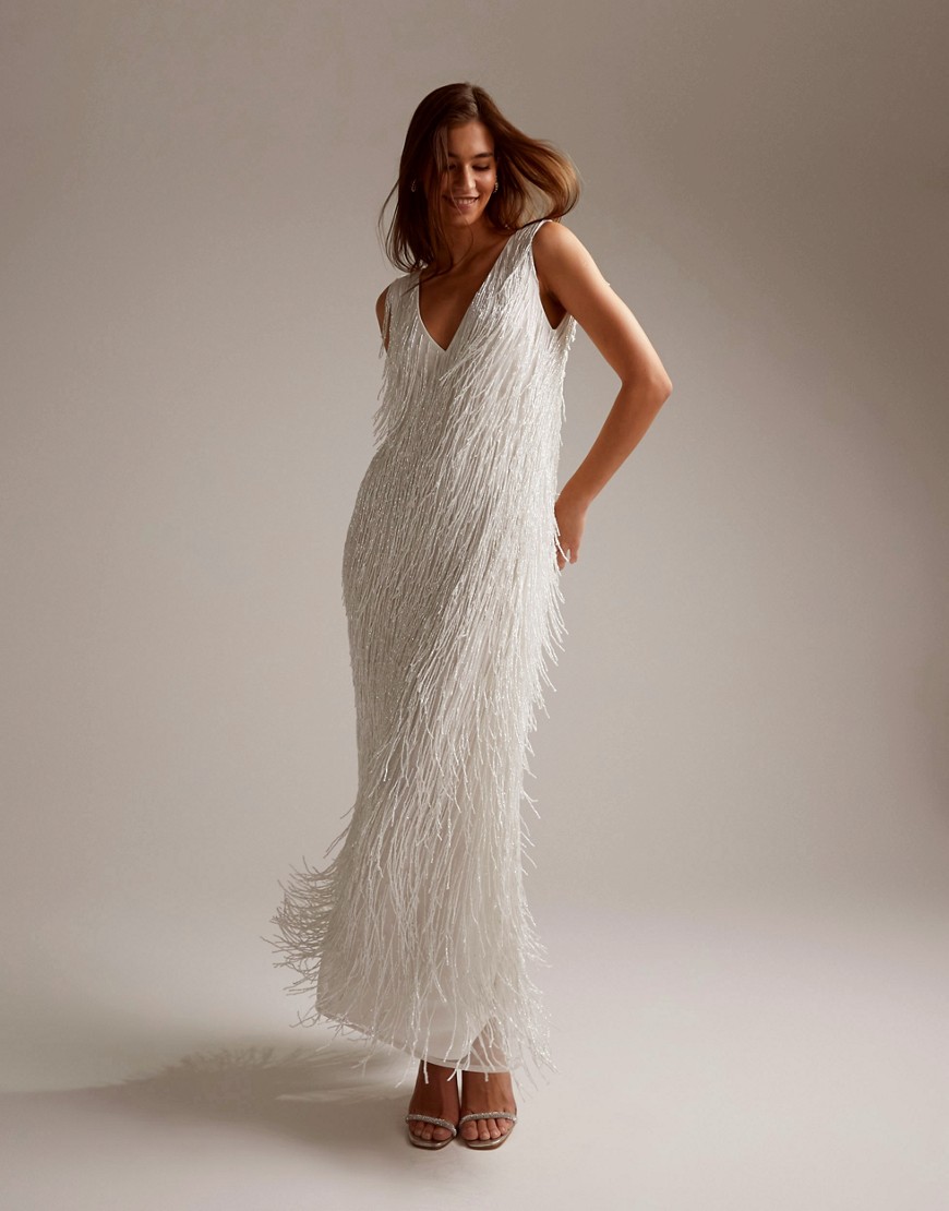 ASOS DESIGN beaded fringe plunge sleeveless maxi wedding dress in ivory-White