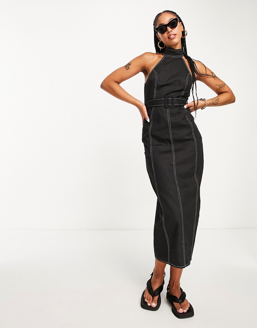 ASOS DESIGN belted halter twill midi dress in black with contrast detail