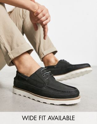 boat shoes in black leather with wedge sole