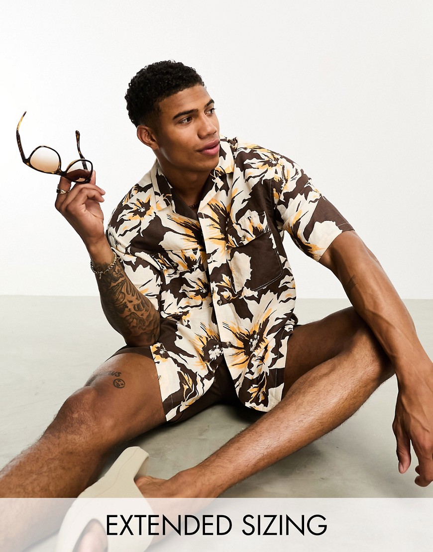 ASOS DESIGN boxy oversized revere linen mix shirt in brown lily print