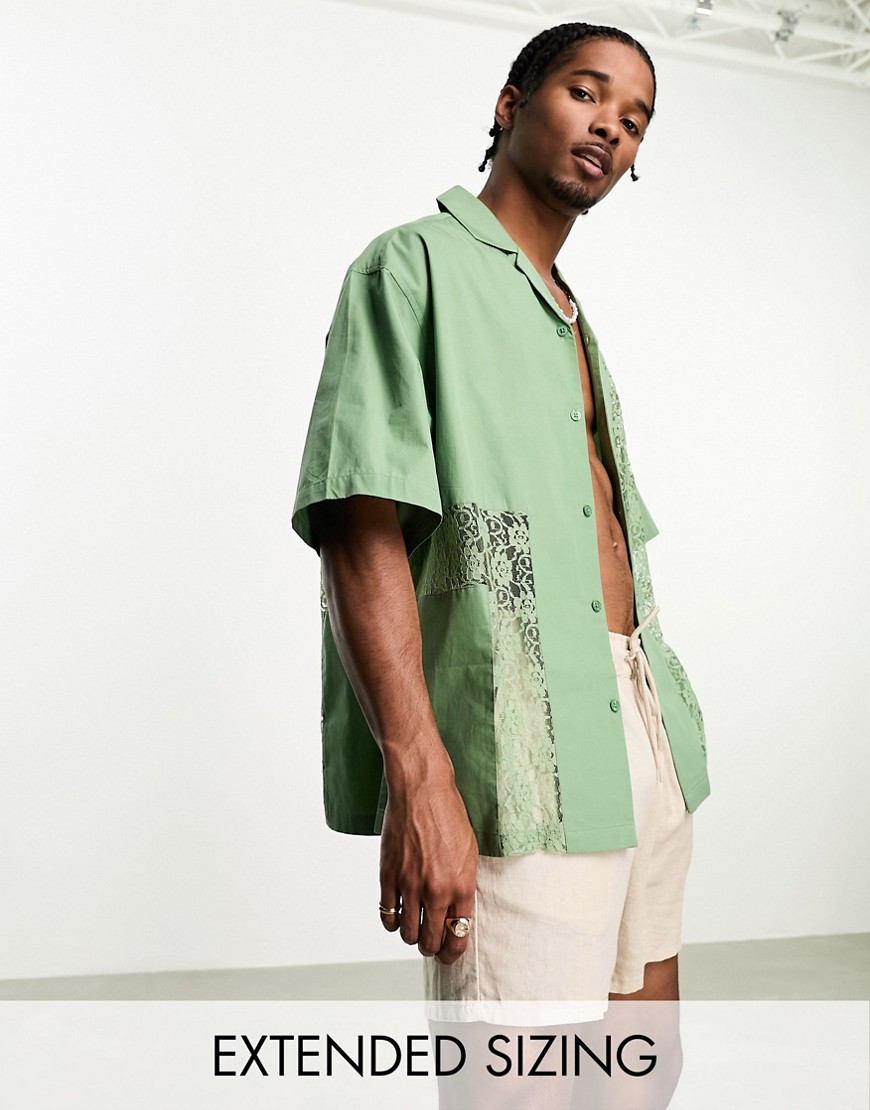 ASOS DESIGN boxy oversized revere poplin shirt with lace inserts in green