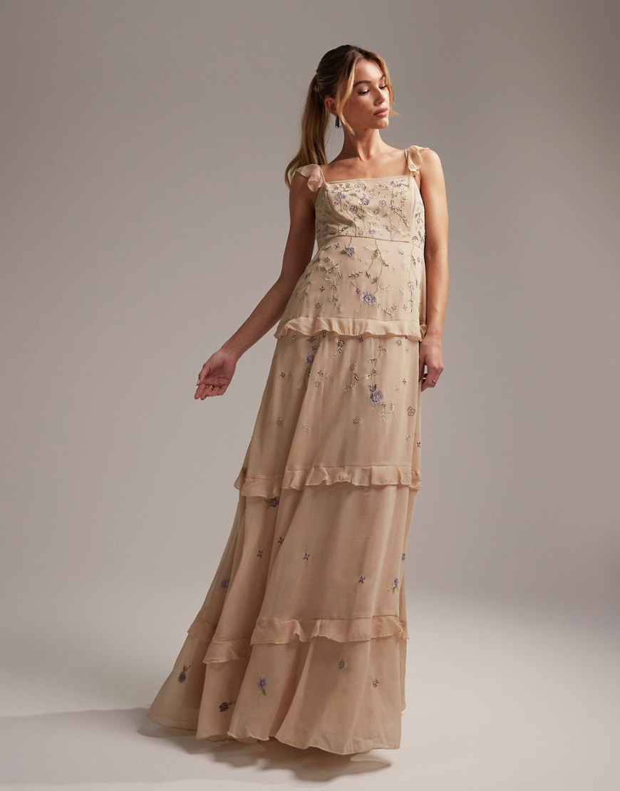 ASOS DESIGN Bridesmaid cami embellished maxi dress with embroidery in champagne-White