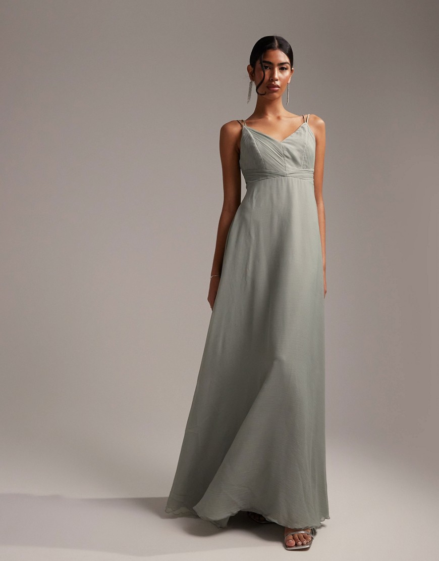 ASOS DESIGN Bridesmaid cami maxi dress with ruched bodice and tie waist in olive-Green