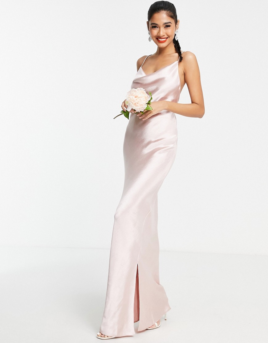 ASOS DESIGN Bridesmaid cami maxi slip dress in high shine satin with lace up back in blush-Pink