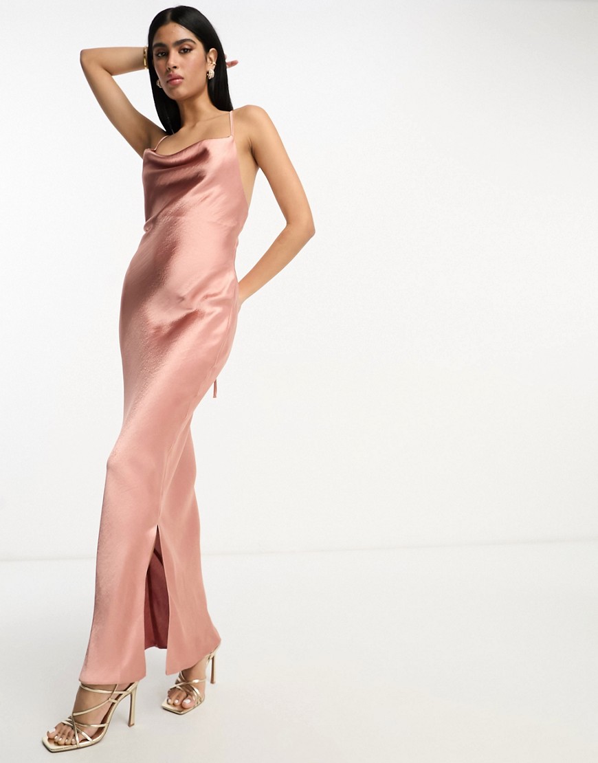 ASOS DESIGN Bridesmaid cami maxi slip dress in high shine satin with lace up back in mocha-Brown