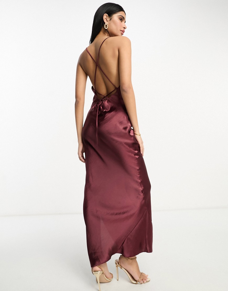 ASOS DESIGN Bridesmaid cami maxi slip dress in high shine satin with lace up back in wine-Yellow