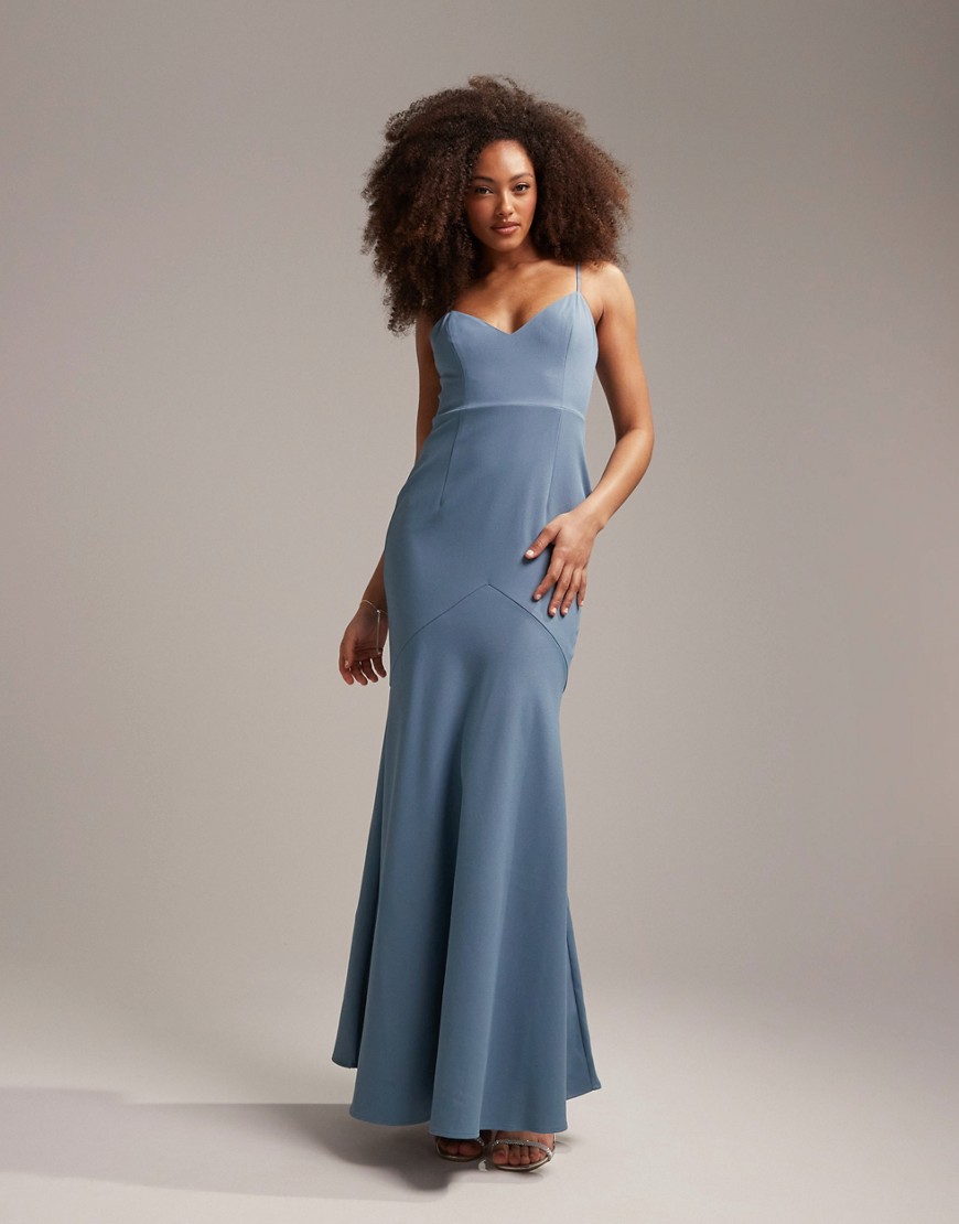 ASOS DESIGN Bridesmaid crepe strappy fishtail maxi dress in dusky blue