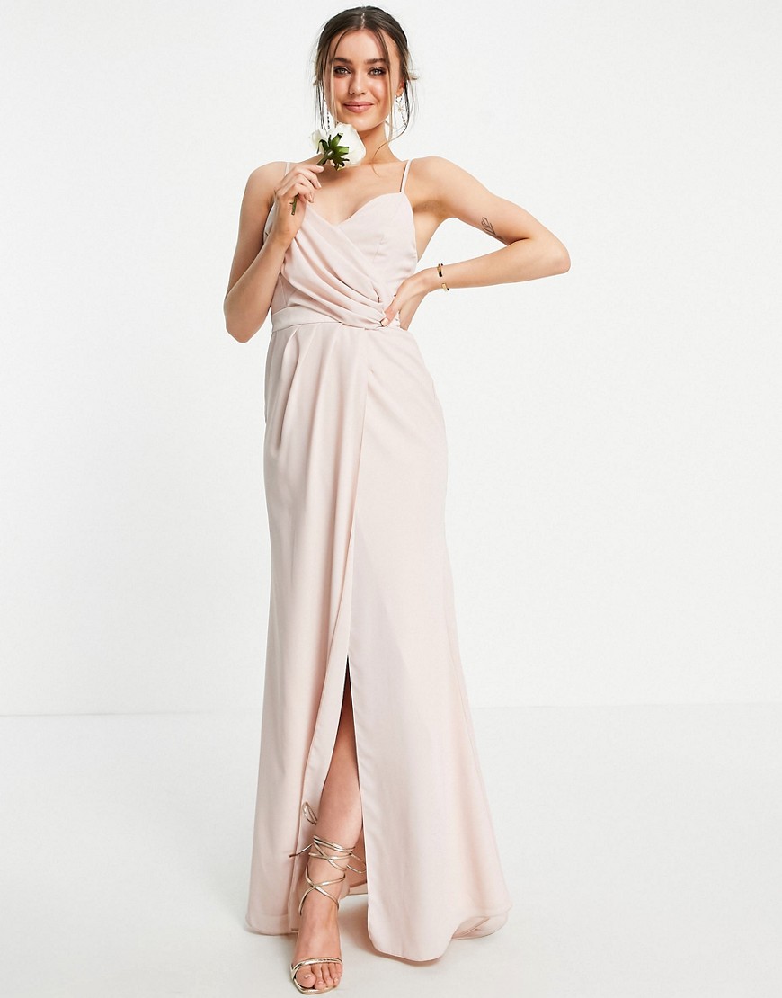 ASOS DESIGN Bridesmaid drape cami maxi dress with wrap waist in blush-Pink