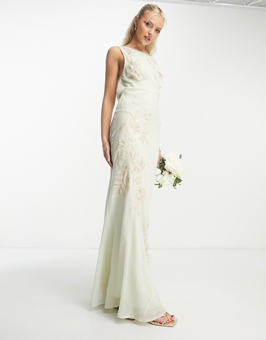 ASOS DESIGN Bridesmaid embellished cowl neck chiffon maxi dress with floral embroidery in sage green