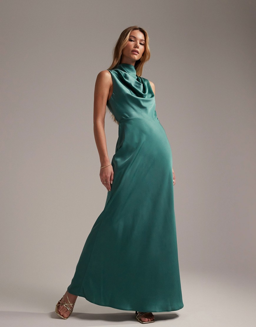 ASOS DESIGN Bridesmaid high neck cowl satin maxi dress with tie detail in teal-Blue
