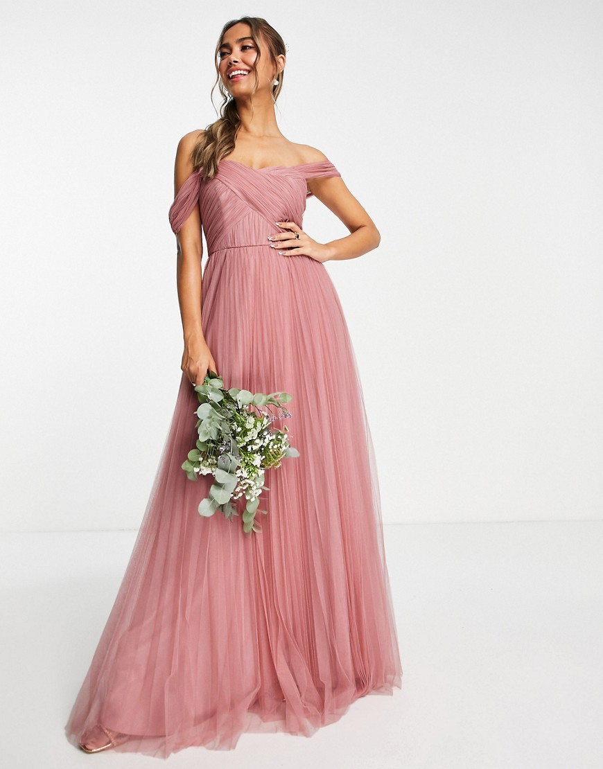 ASOS DESIGN Bridesmaid off shoulder tulle maxi dress with tie back and pleated skirt in rose-Pink