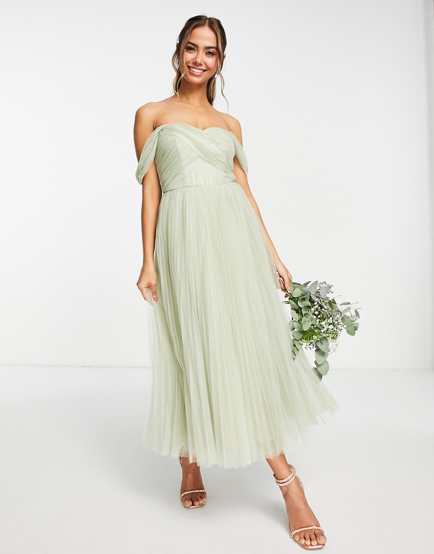 ASOS DESIGN Bridesmaid off shoulder tulle midi dress with tie back and pleated skirt in Sage-Green