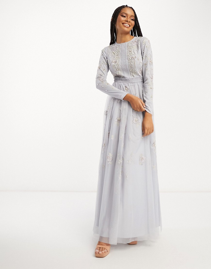 ASOS DESIGN Bridesmaid pearl embellished long sleeve maxi dress with floral embroidery in light blue