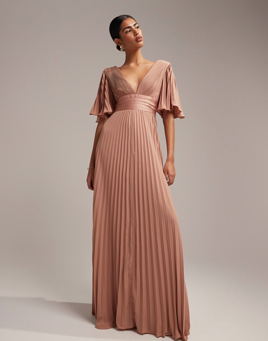ASOS DESIGN Bridesmaid pleated flutter sleeve maxi dress with satin wrap waist in mocha-Brown