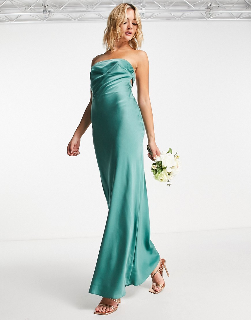 ASOS DESIGN Bridesmaid satin bandeau maxi dress with button back detail in teal-Blue