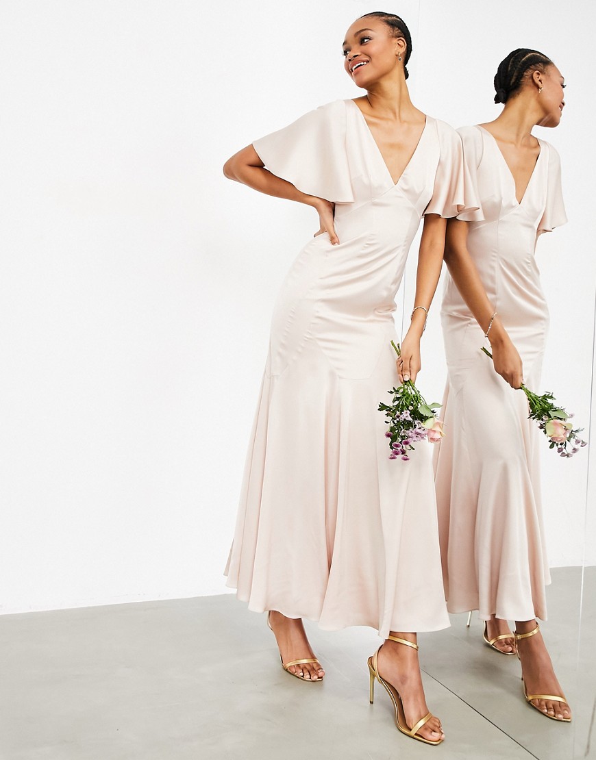 ASOS DESIGN Bridesmaid satin maxi dress with flutter sleeve in pink