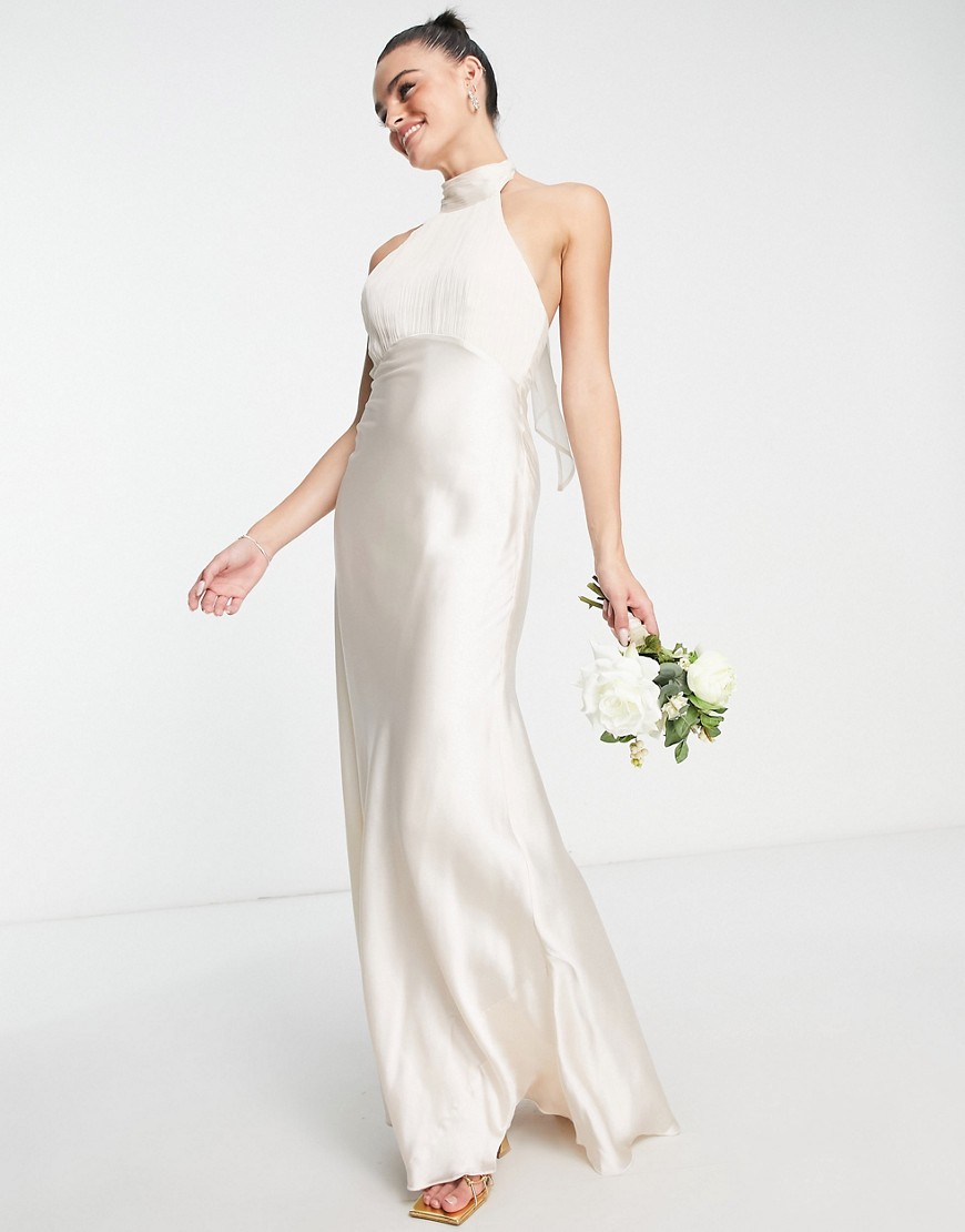 ASOS DESIGN Bridesmaid soft pleated halter maxi dress with satin skirt in cream-White