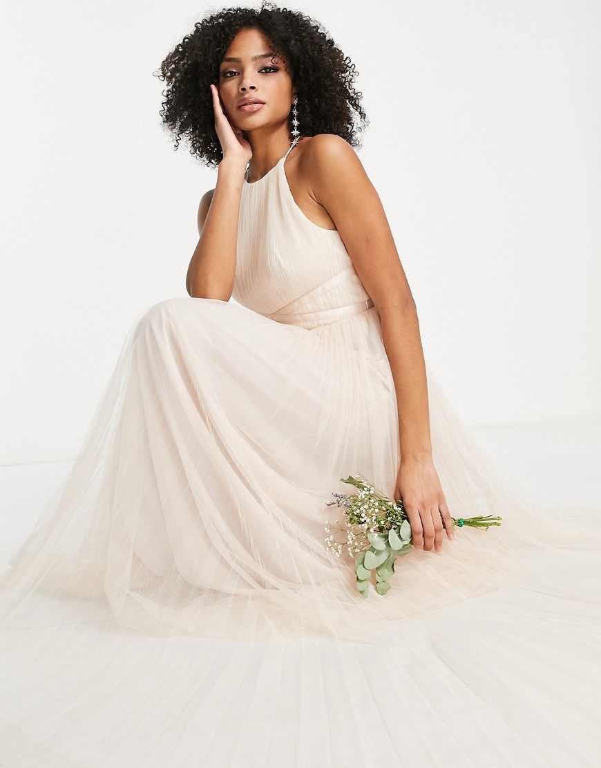 ASOS DESIGN Bridesmaid tulle pinny maxi dress with satin ribbon waist detail and pleated skirt in champagne-Neutral