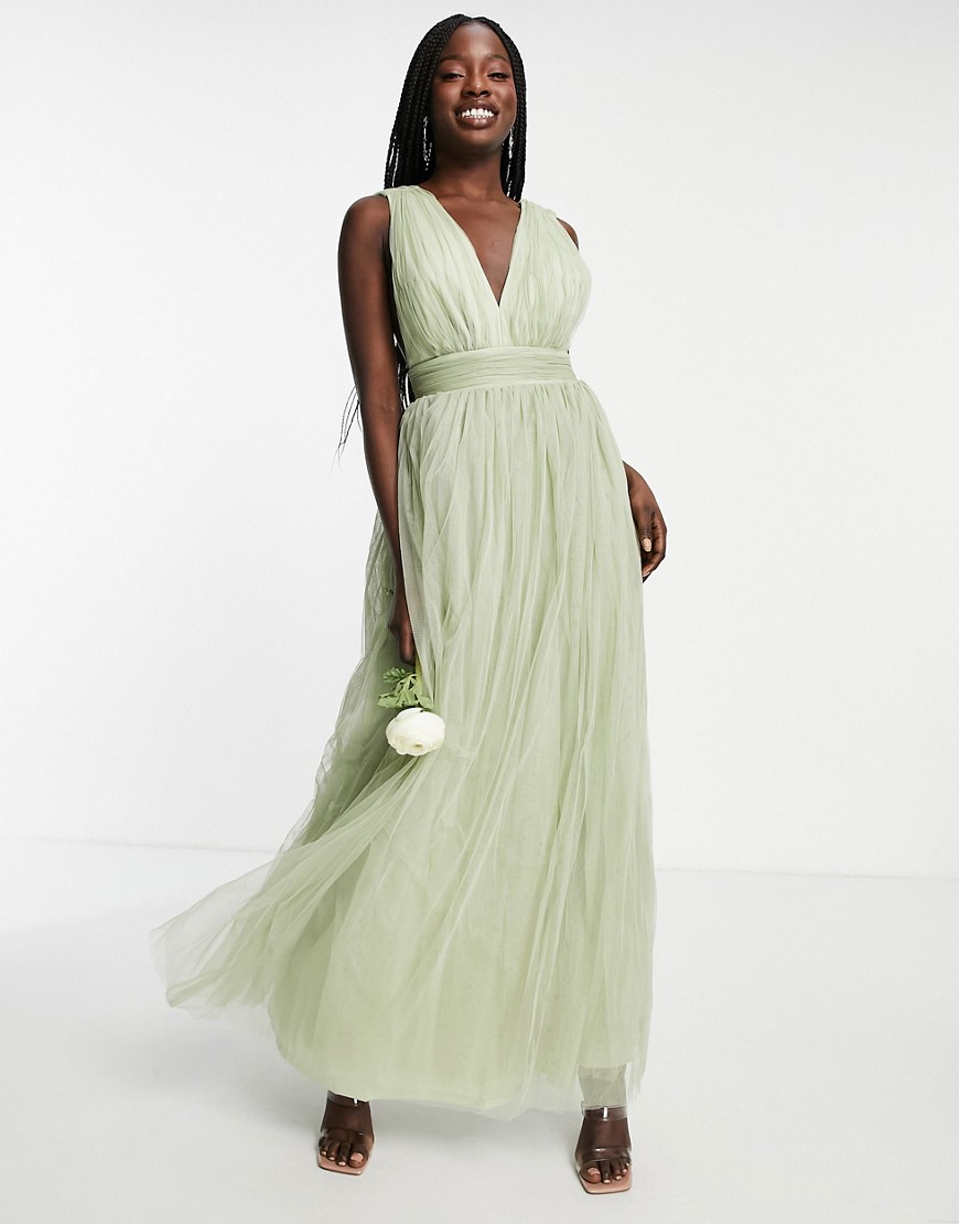 ASOS DESIGN Bridesmaid tulle plunge maxi dress dress with bow back detail in sage-Green