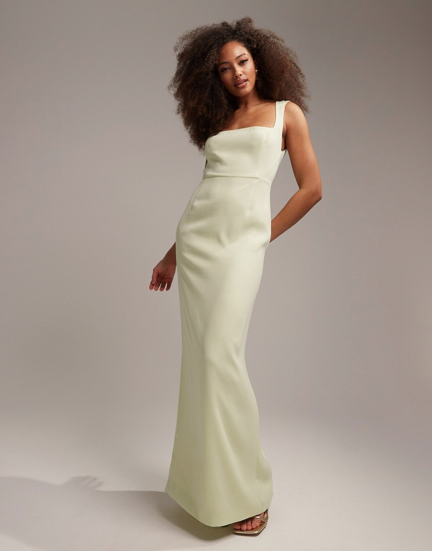 ASOS DESIGN Bridesmaids clean square neck crepe maxi dress with split in soft green