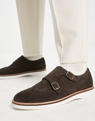 brogue monk shoe in brown suede with white wedge sole