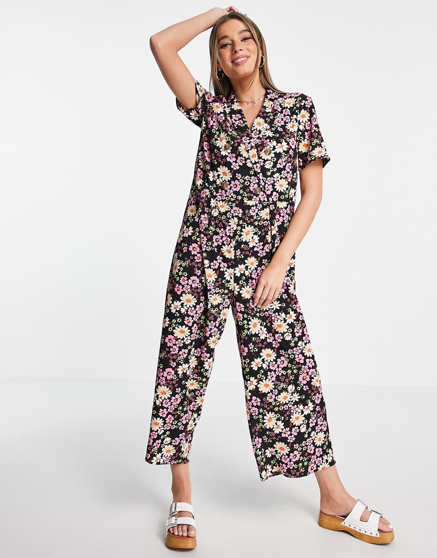 ASOS DESIGN bubble crepe double breasted smock jumpsuit in multi floral print
