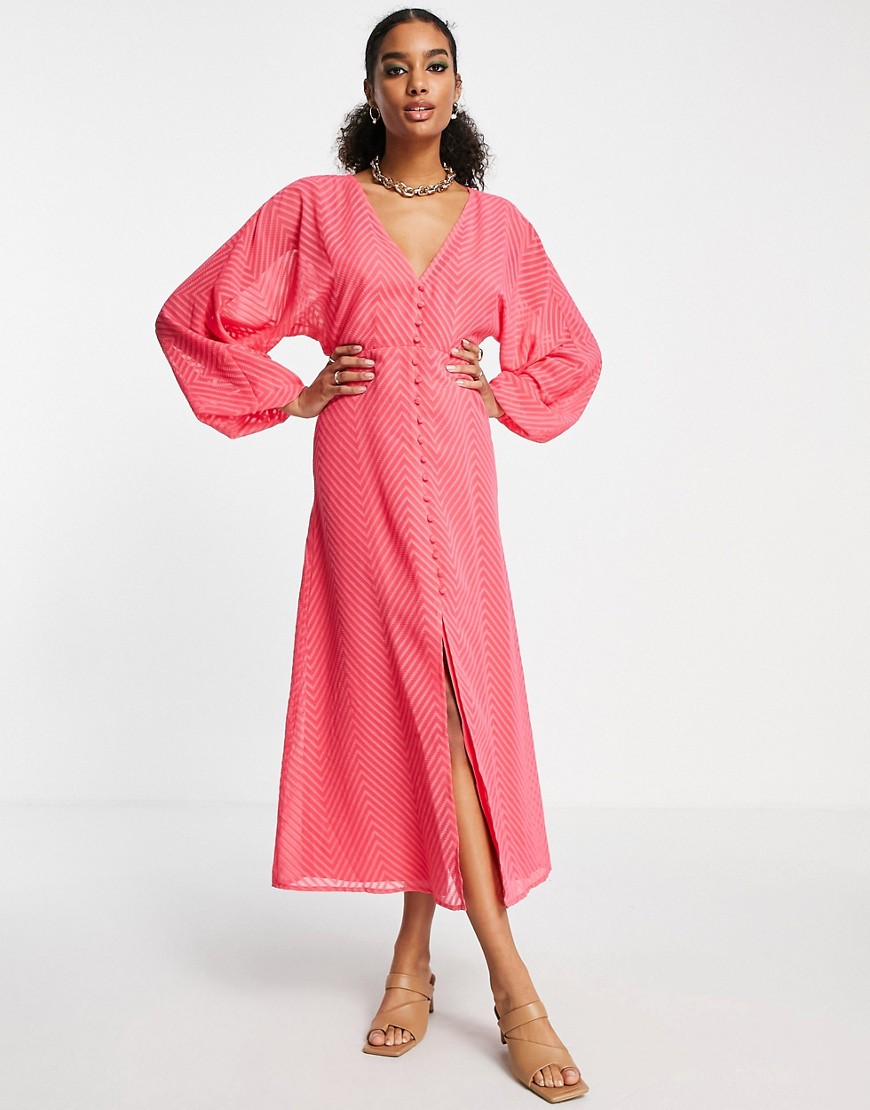ASOS DESIGN button through batwing sleeve midi dress in chevron dobby in bright pink