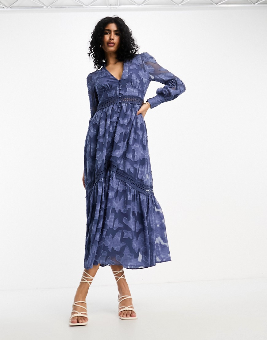 ASOS DESIGN button through maxi shirt dress with lace inserts in washed navy