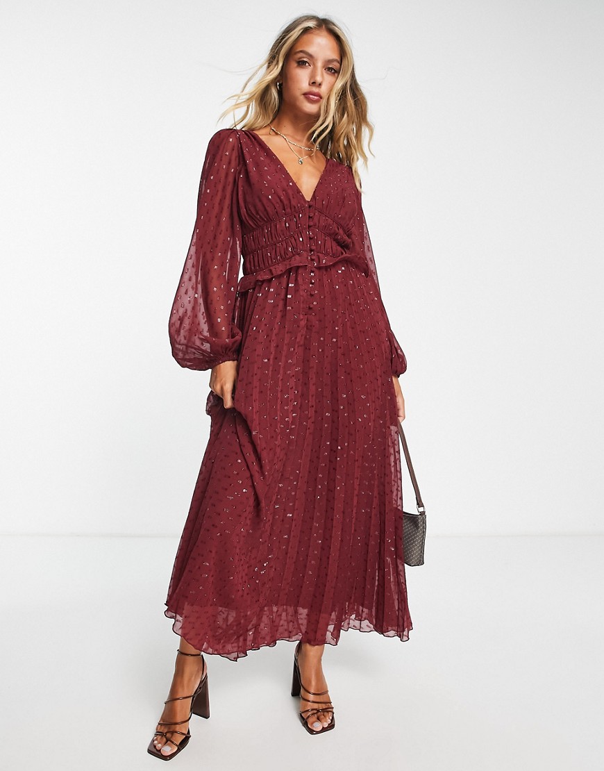 ASOS DESIGN button through ruched waist pleated midi dress in metallic dobby in deep red