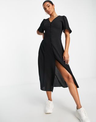 Button through tie back midi tea dress with angel sleeve in black - Click1Get2 Coupon