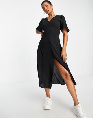 Button through tie back midi tea dress with angel sleeve in black - Click1Get2 On Sale