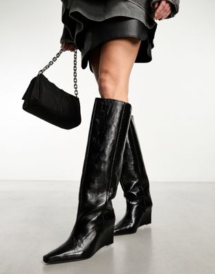 Cali premium leather wedge knee boots in black