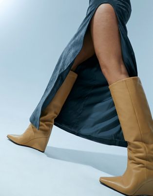Cali premium leather wedge knee boots in camel