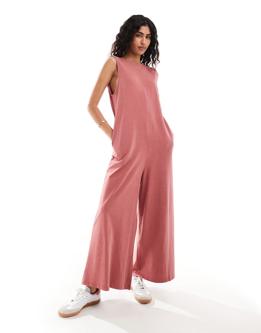 ASOS DESIGN cami washed jersey jumpsuit with pocket detail in rose pink-Green