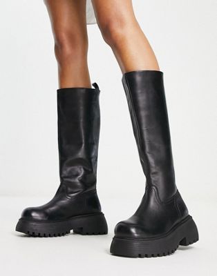Candy chunky leather knee boots in black